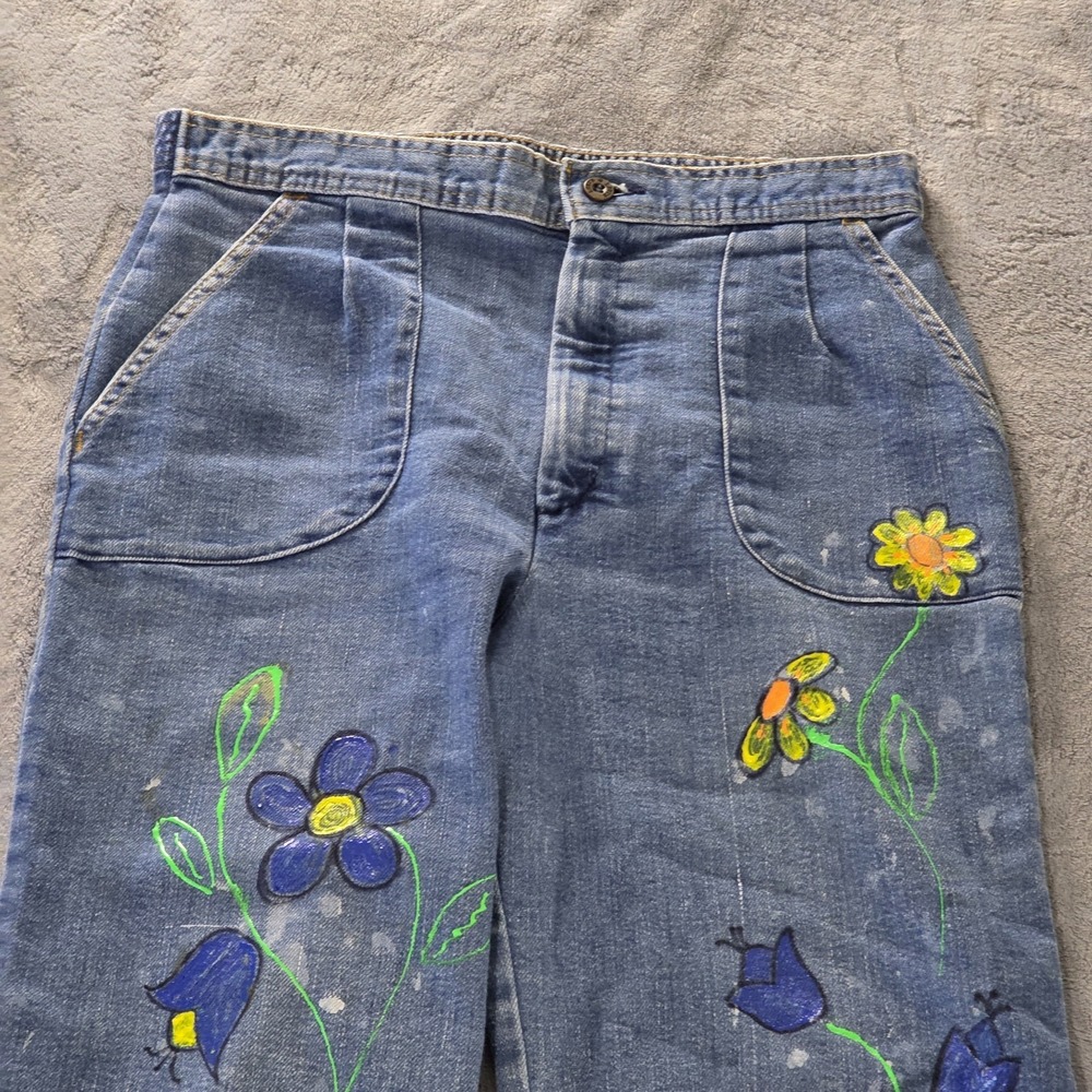 Vintage Levi's 70s Orange Tab  Pleated Front Painted Flowers Wide Leg 29W 31L